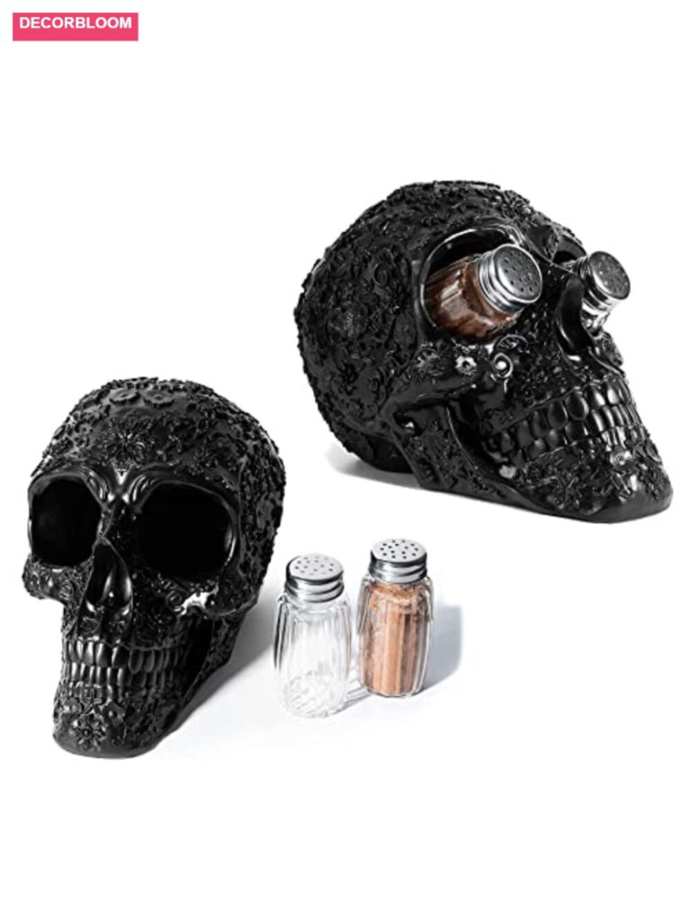 Skull Salt and Pepper Shaker Set Polyresin Holder Kitchen Decor - Picture 3 of 6